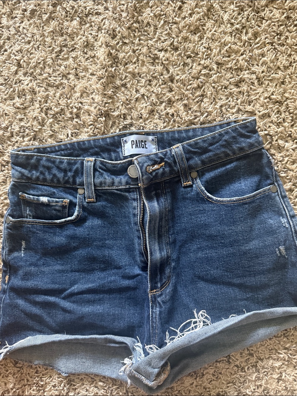 PAIGE Blue Denim Frayed Hem Cutoff Shorts